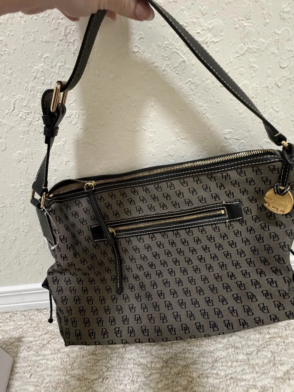 Dooney & Bourke black and grey Monogram Shoulder Bag with Black Strap